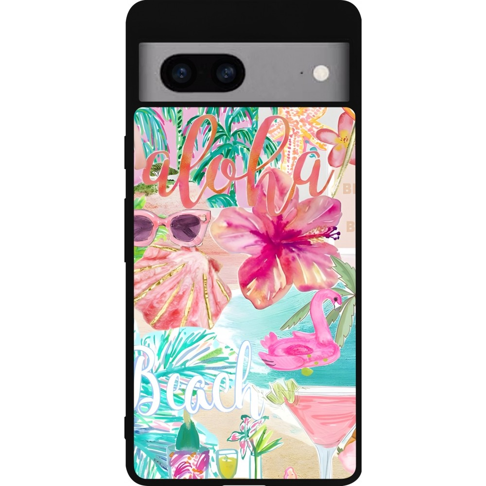 Coque Google Pixel 7a - Silicone rigide noir Preppy Collage Aloha