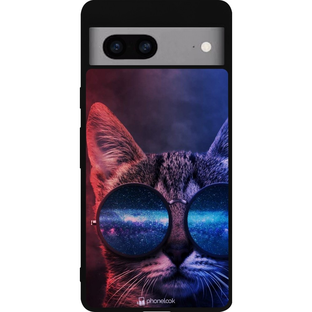 Coque Google Pixel 7a - Silicone rigide noir Red Blue Cat Glasses