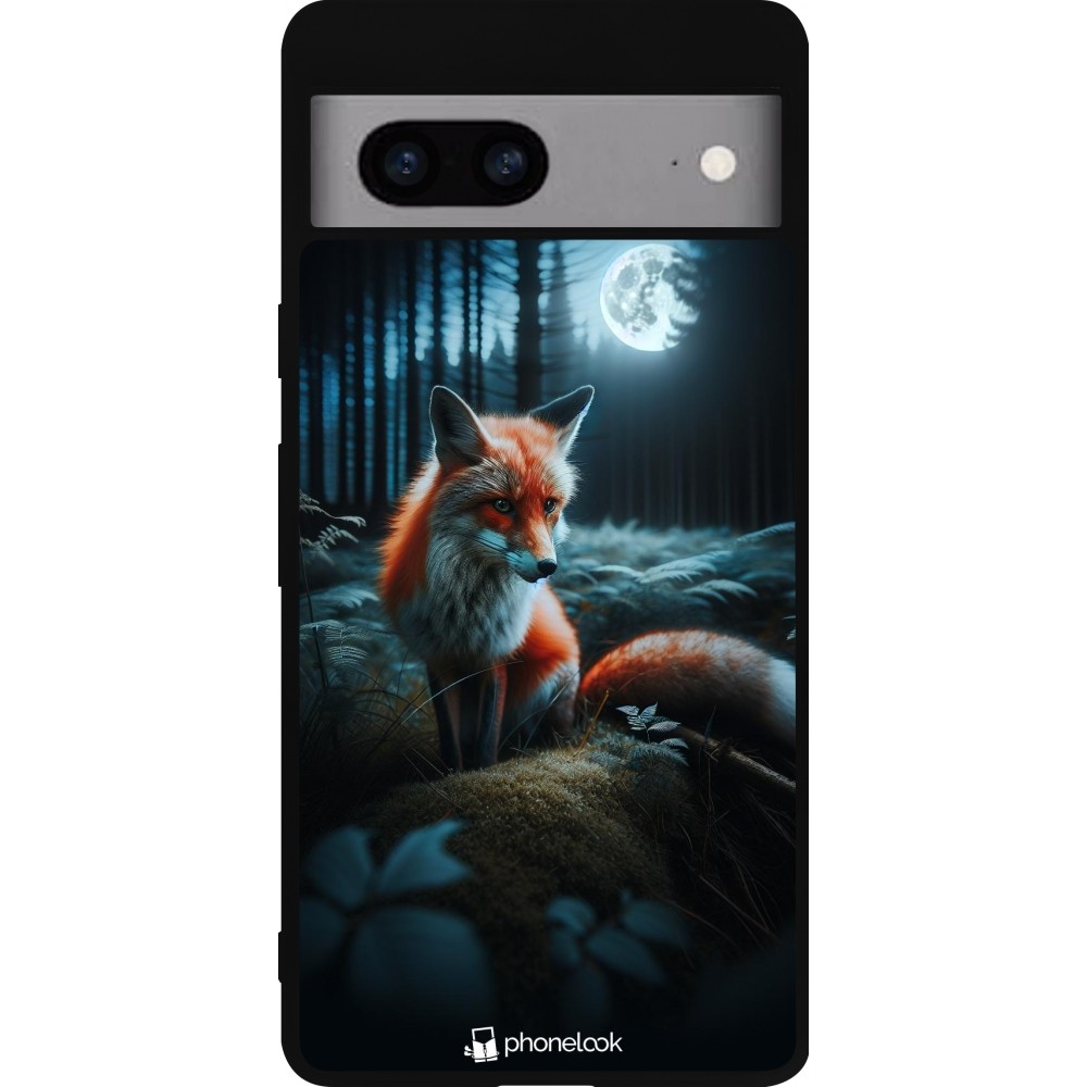 Coque Google Pixel 7a - Silicone rigide noir Renard lune forêt