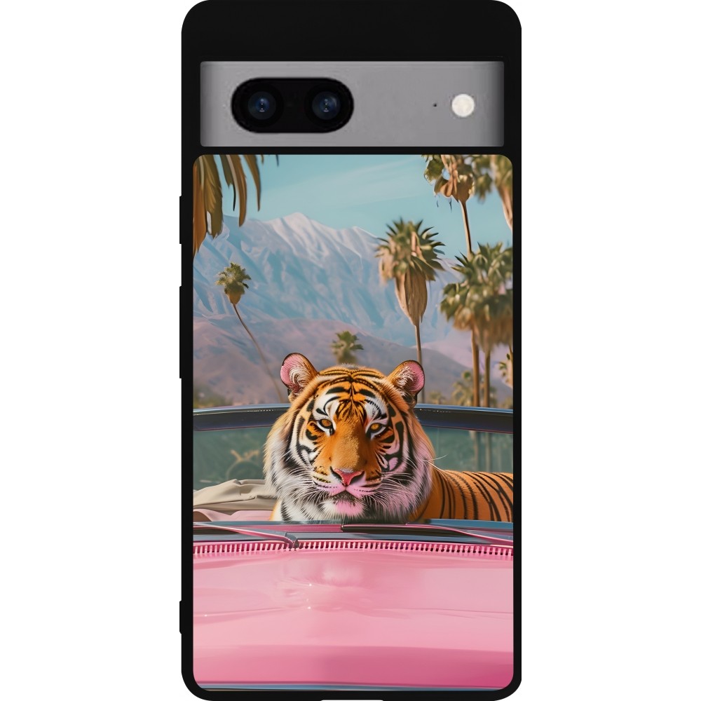 Google Pixel 7a Case Hülle - Silikon schwarz Tiger Auto rosa