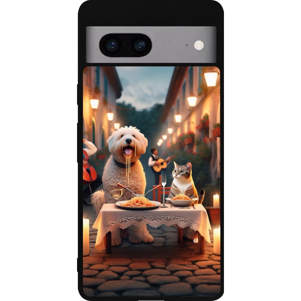 Google Pixel 7a Case Hülle - Silikon schwarz Valentin 2024 Hund & Katze Kerzenlicht