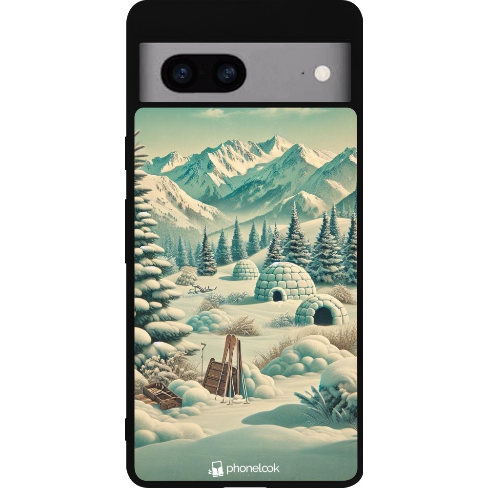 Google Pixel 7a Case Hülle - Silikon schwarz Vintage Schneebedeckter Berg Iglu