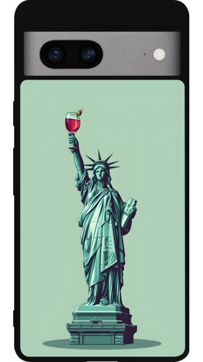 Coque Google Pixel 7a - Silicone rigide noir Wine Statue de la liberté avec un verre de vin