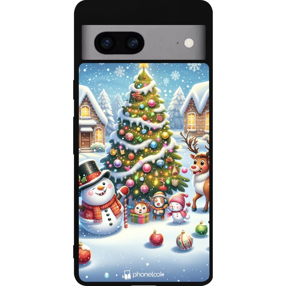 Coque Google Pixel 7a - Silicone rigide noir Noël 2023 bonhomme de neige et sapin