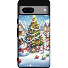 Coque Google Pixel 7a - Silicone rigide noir Noël 2023 bonhomme de neige et sapin