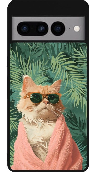 Google Pixel 7 Pro Case Hülle - Silikon schwarz Cat Summer Palms