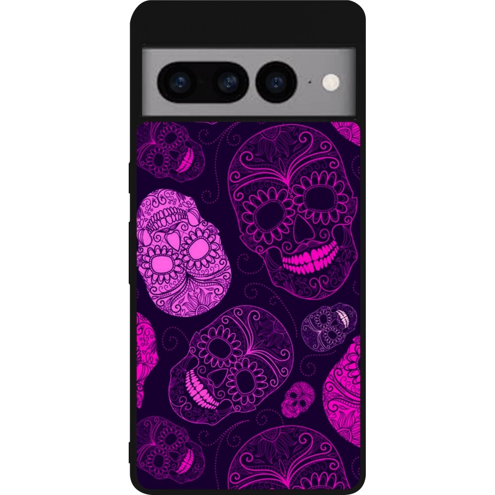 Google Pixel 7 Pro Case Hülle - Silikon schwarz Halloween 2023 pink skulls