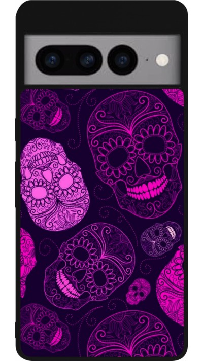 Google Pixel 7 Pro Case Hülle - Silikon schwarz Halloween 2023 pink skulls