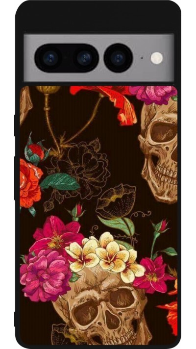 Coque Google Pixel 7 Pro - Silicone rigide noir Skulls and flowers