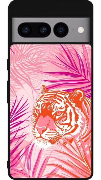 Coque Google Pixel 7 Pro - Silicone rigide noir Tigre palmiers roses