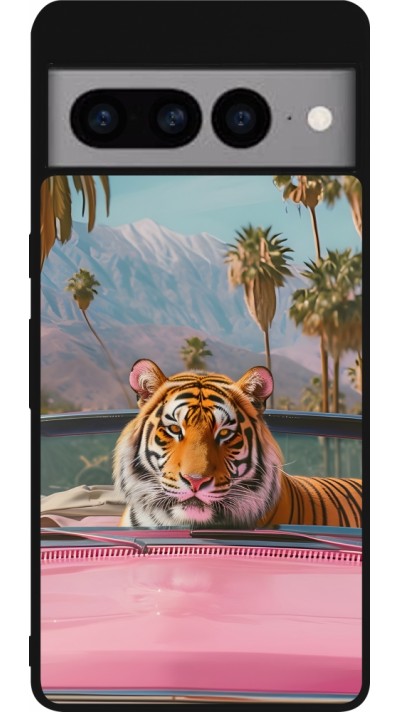 Coque Google Pixel 7 Pro - Silicone rigide noir Tigre voiture rose