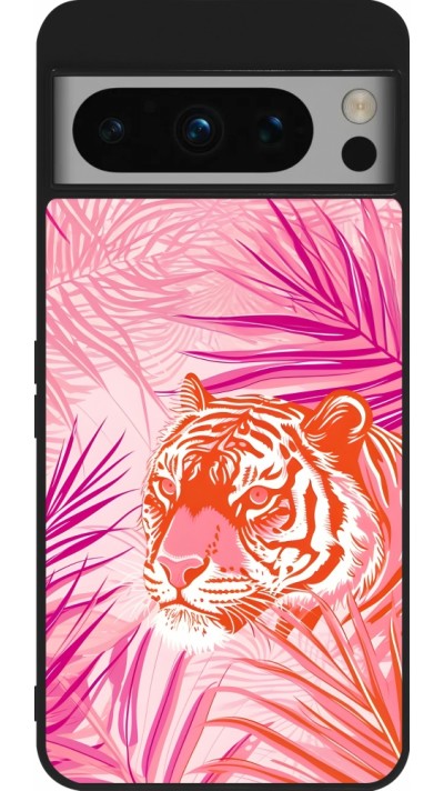 Coque Google Pixel 8 Pro - Silicone rigide noir Tigre palmiers roses