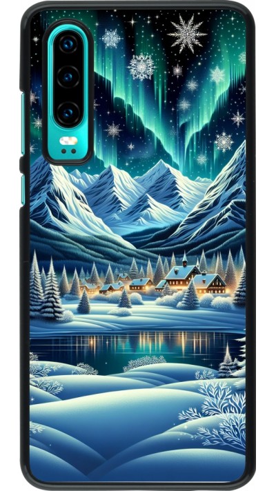 Huawei P30 Case Hülle - Verschneites Bergdorf am See in der Nacht