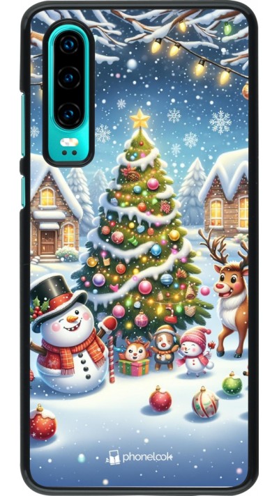 Huawei P30 Case Hülle - Weihnachten 2023 Schneemann und Tannenbaum