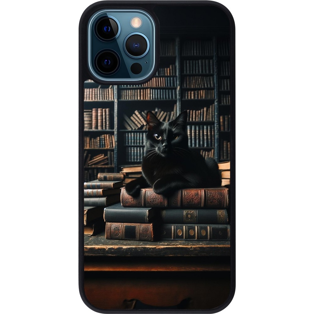 iPhone 12 / 12 Pro Case Hülle - Silikon schwarz Katze Bücher dunkel