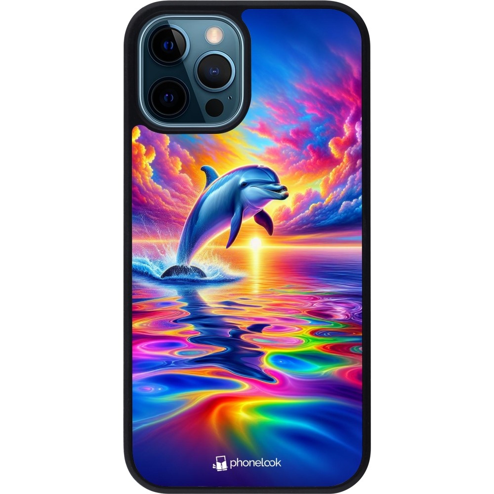 iPhone 12 / 12 Pro Case Hülle - Silikon schwarz Glücklicher Regenbogen-Delfin