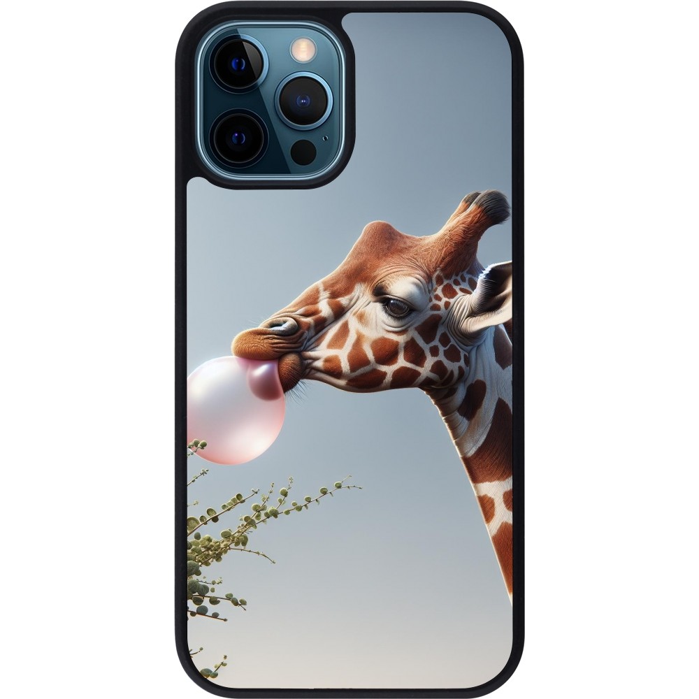 iPhone 12 / 12 Pro Case Hülle - Silikon schwarz Giraffe mit Blase