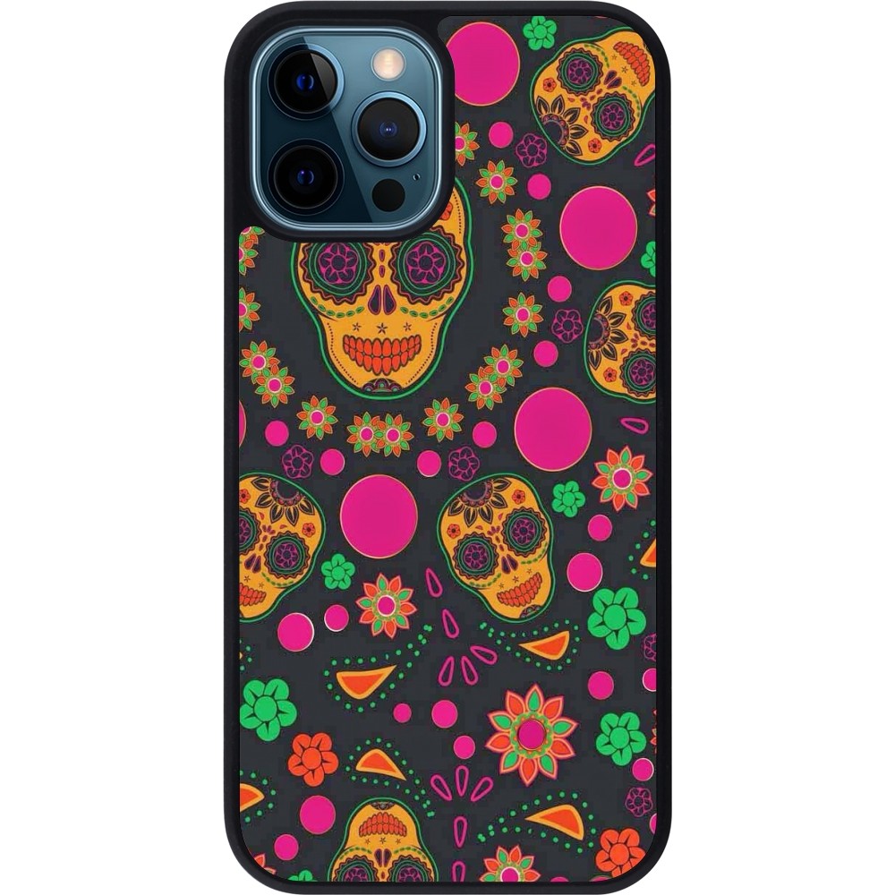 iPhone 12 / 12 Pro Case Hülle - Silikon schwarz Halloween 22 colorful mexican skulls