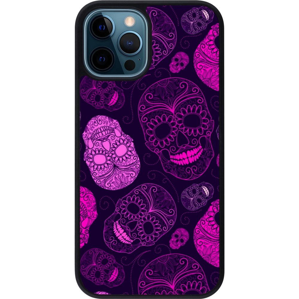 iPhone 12 / 12 Pro Case Hülle - Silikon schwarz Halloween 2023 pink skulls