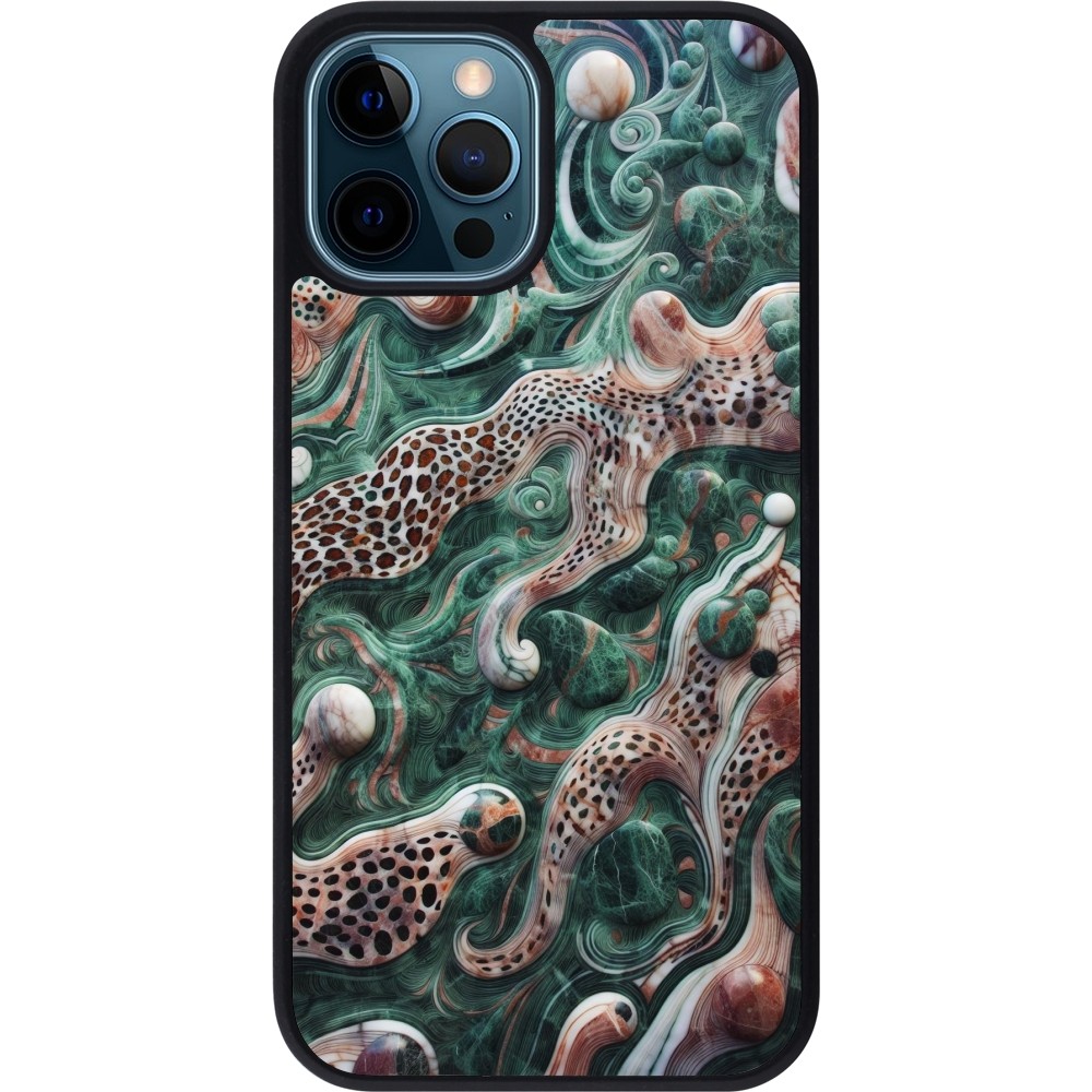 iPhone 12 / 12 Pro Case Hülle - Silikon schwarz Grüner Marmor und abstrakter Leopard