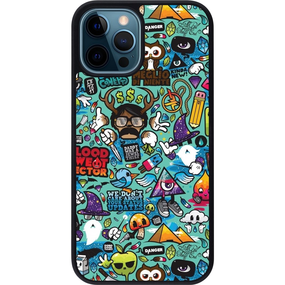 iPhone 12 / 12 Pro Case Hülle - Silikon schwarz Mixed Cartoons Turquoise