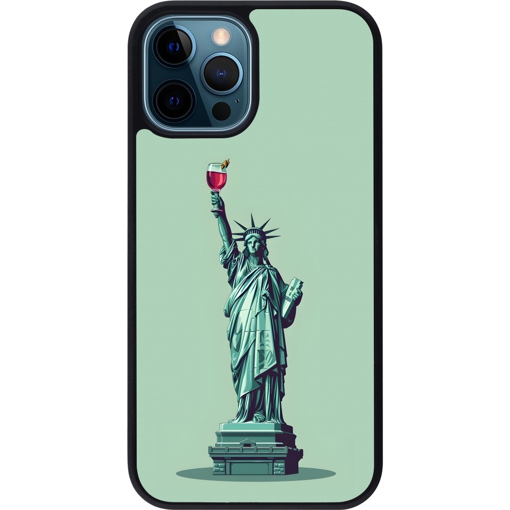 iPhone 12 / 12 Pro Case Hülle - Silikon schwarz Freiheitsstatue mit einem Glas Wein