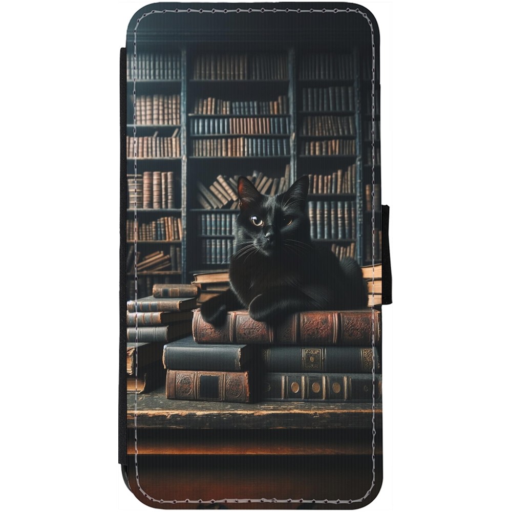 iPhone 12 / 12 Pro Case Hülle - Wallet schwarz Katze Bücher dunkel