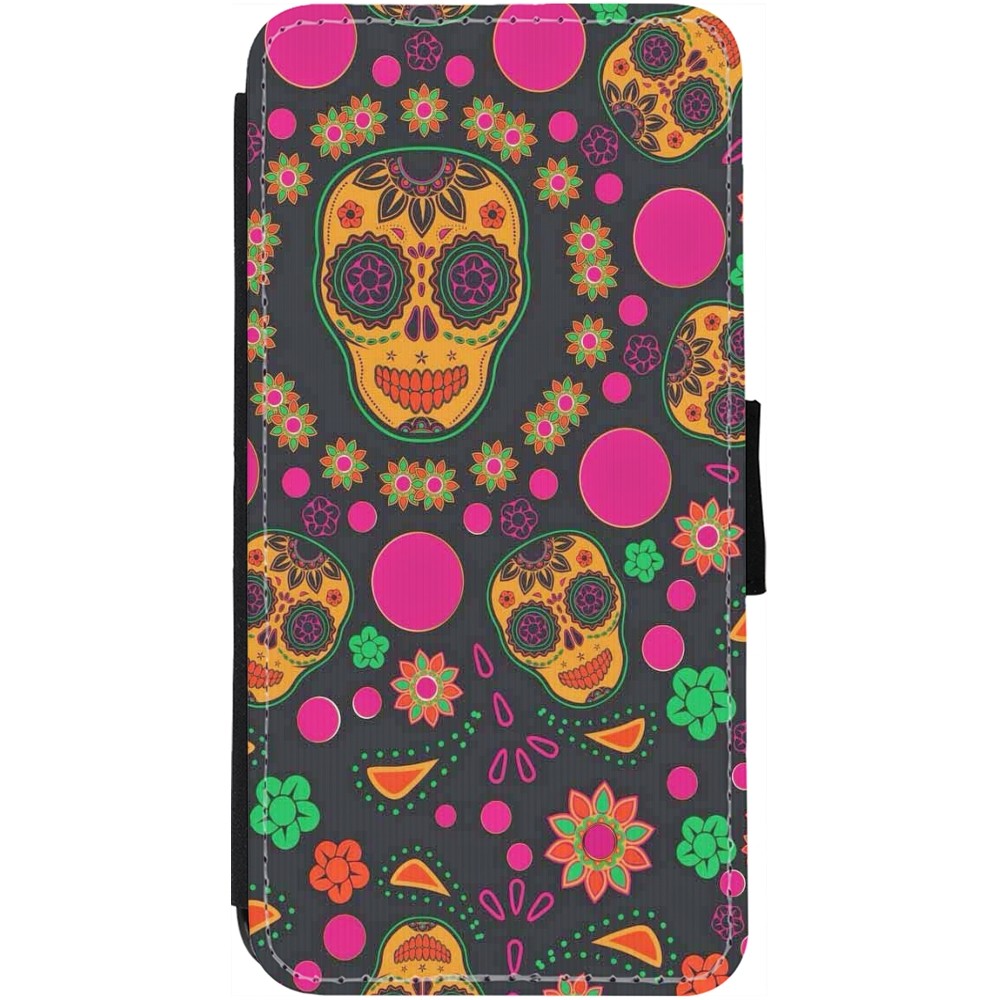 iPhone 12 / 12 Pro Case Hülle - Wallet schwarz Halloween 22 colorful mexican skulls