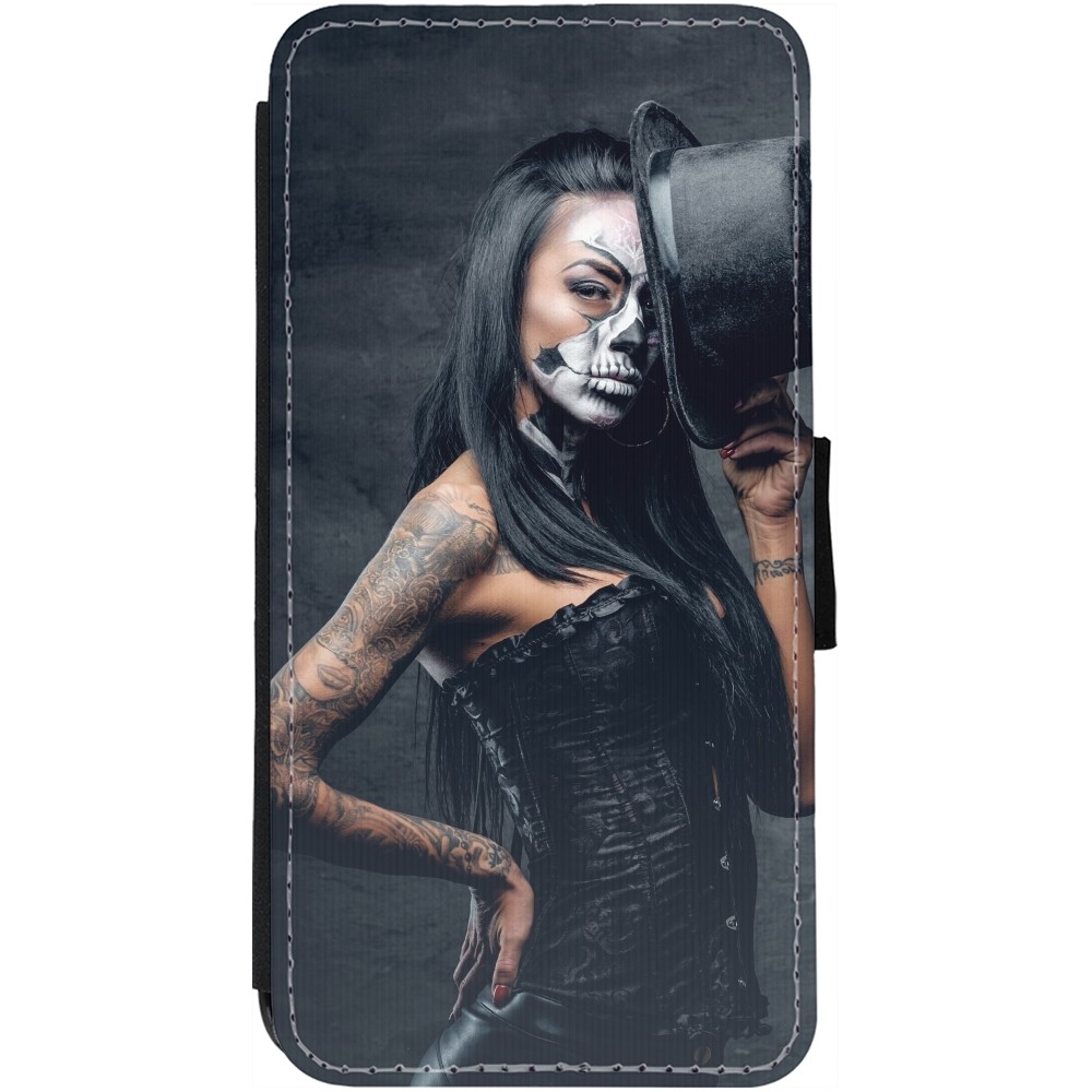 iPhone 12 / 12 Pro Case Hülle - Wallet schwarz Halloween 22 Tattooed Girl