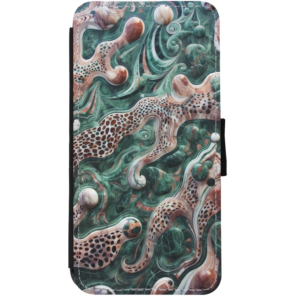 iPhone 12 / 12 Pro Case Hülle - Wallet schwarz Grüner Marmor und abstrakter Leopard