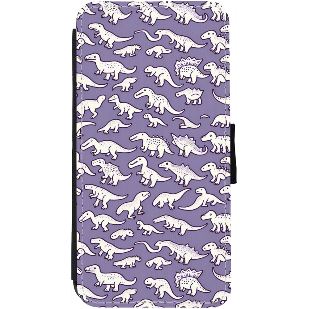 iPhone 12 / 12 Pro Case Hülle - Wallet schwarz Mini-Dino-Muster violett