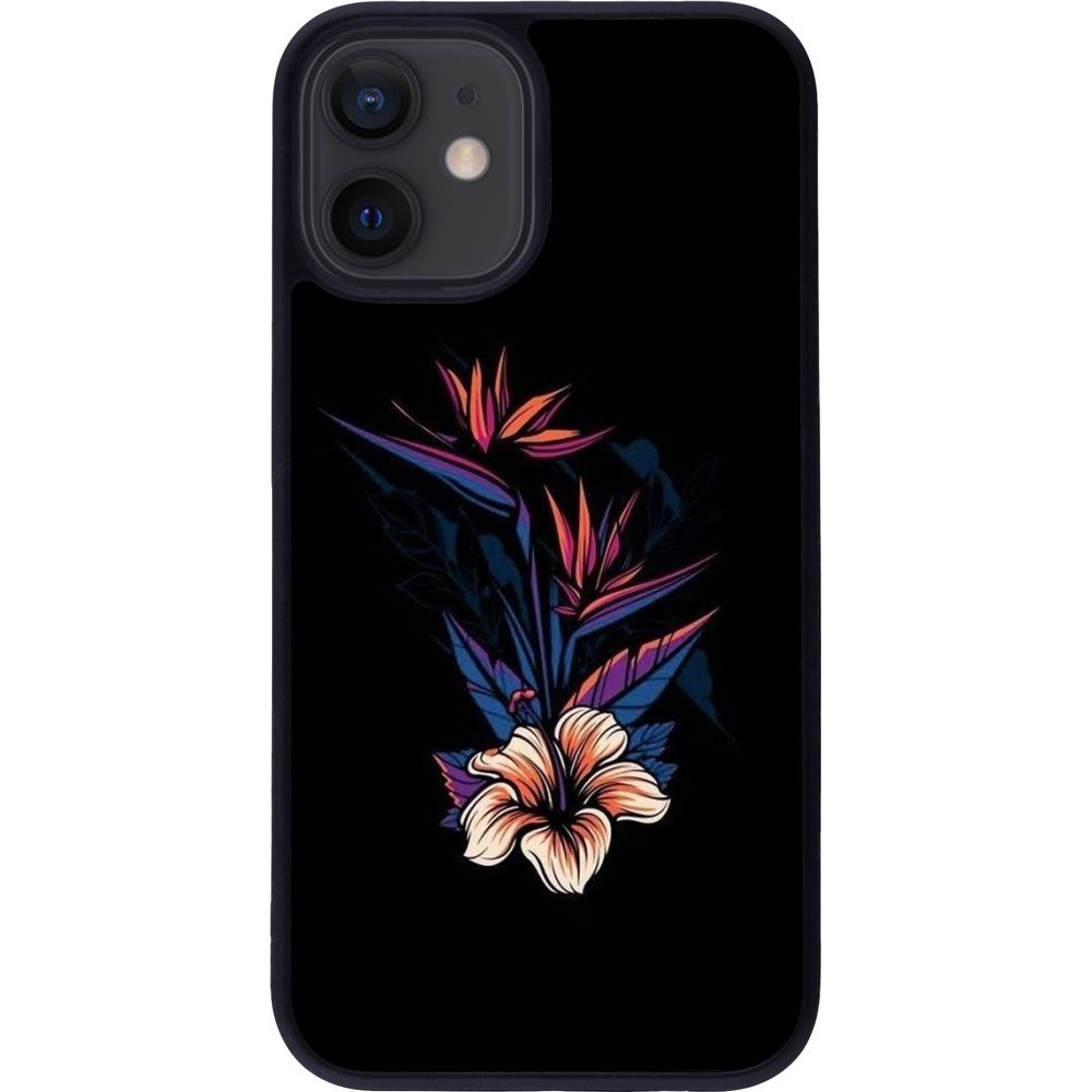 Hülle iPhone 12 mini - Silikon schwarz Dark Flowers