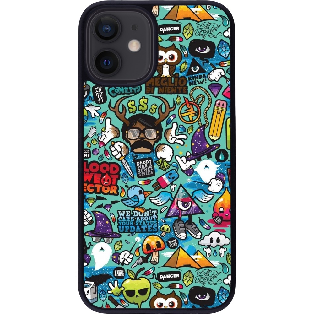 iPhone 12 mini Case Hülle - Silikon schwarz Mixed Cartoons Turquoise