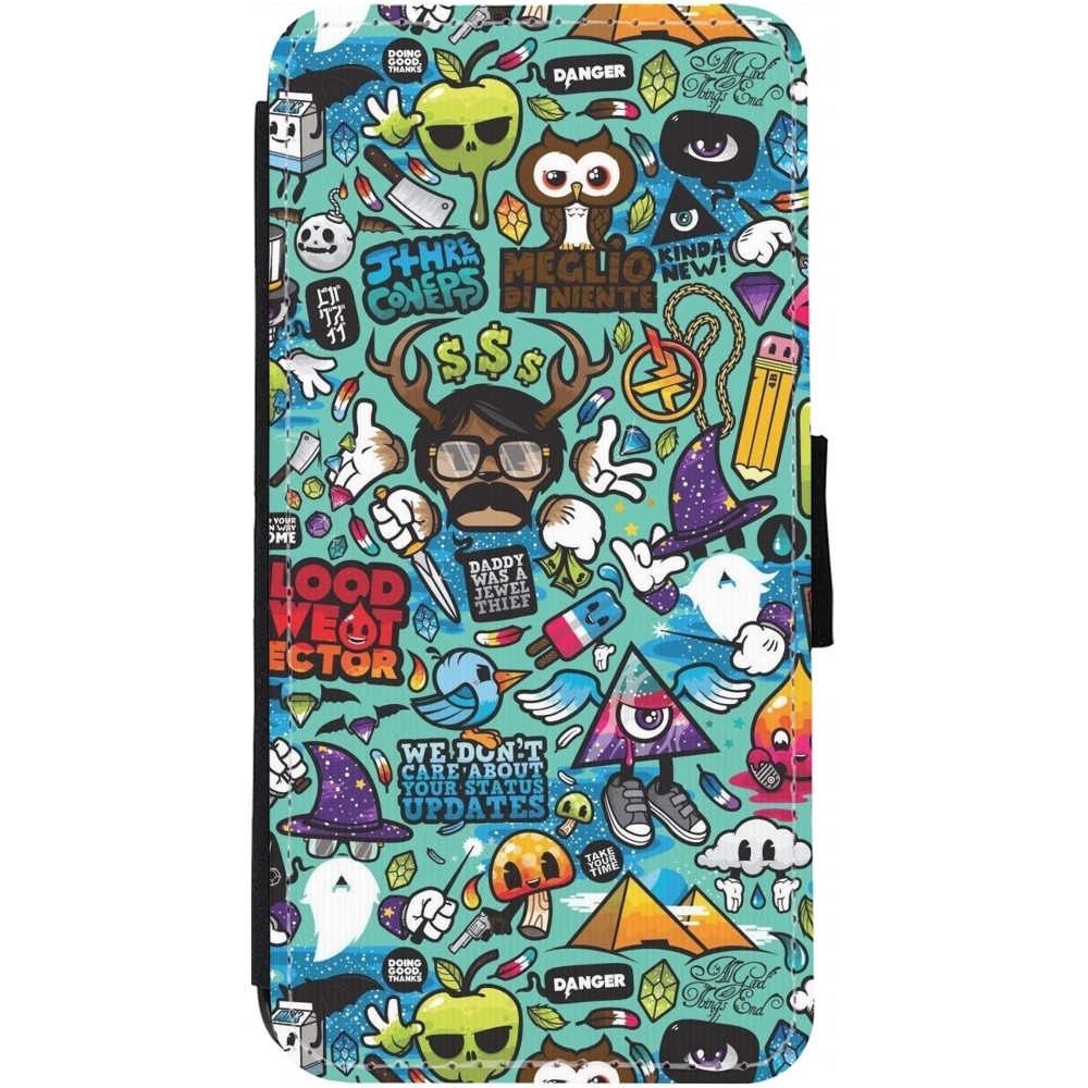 iPhone 13 Case Hülle - Wallet schwarz Mixed Cartoons Turquoise