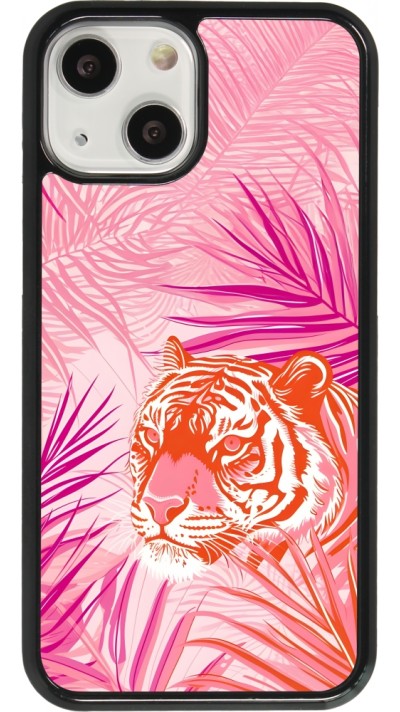 Coque iPhone 13 mini - Tigre palmiers roses