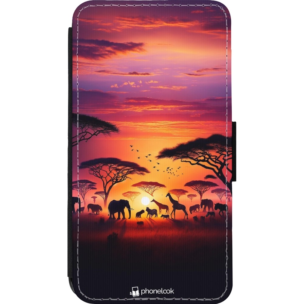 iPhone 13 mini Case Hülle - Wallet schwarz Safari Sonnenuntergang Wildtiere