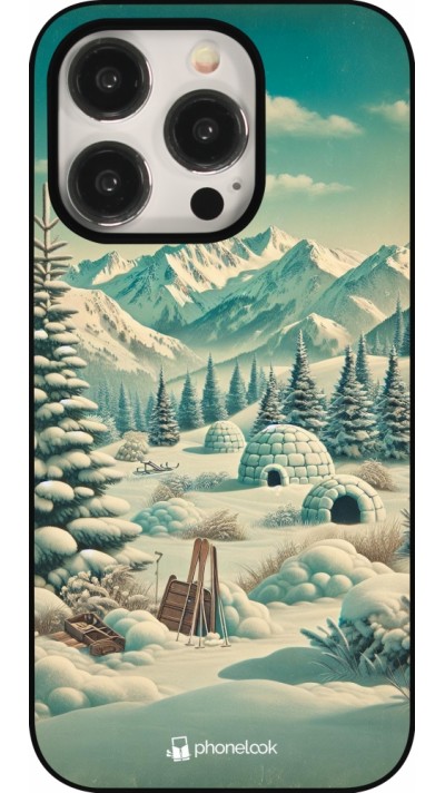 iPhone 15 Pro Case Hülle - Vintage Schneebedeckter Berg Iglu