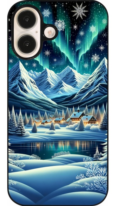 iPhone 16 Case Hülle - Verschneites Bergdorf am See in der Nacht