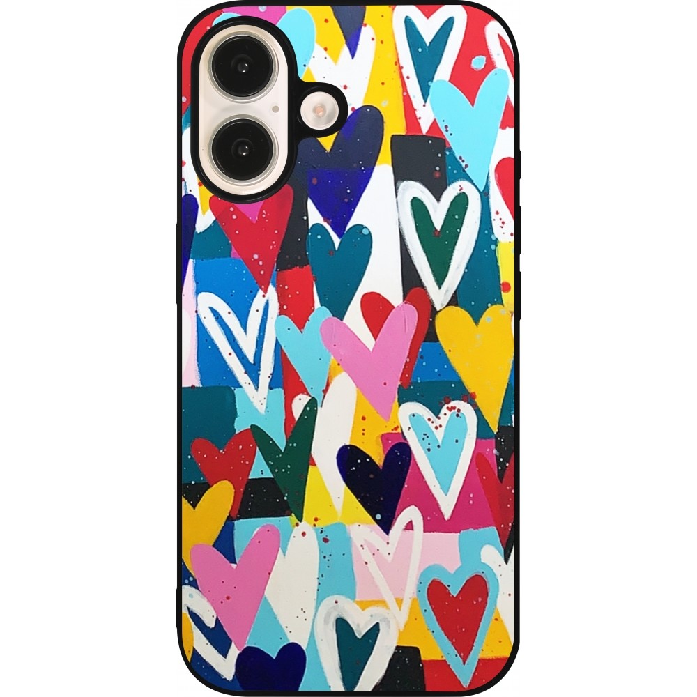 iPhone 16 Case Hülle - Silikon schwarz Joyful Hearts