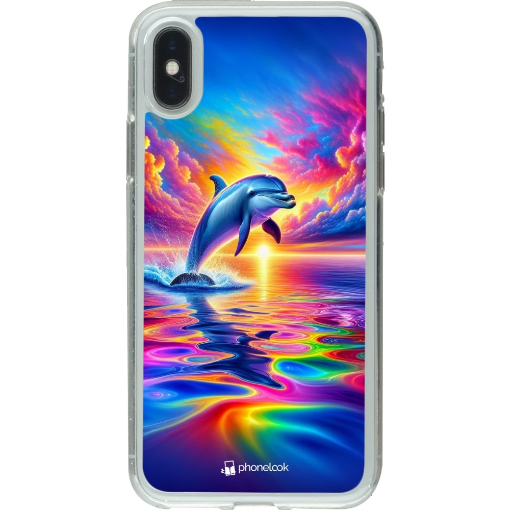 iPhone X / Xs Case Hülle - Gummi transparent Glücklicher Regenbogen-Delfin