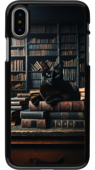 iPhone X / Xs Case Hülle - Katze Bücher dunkel