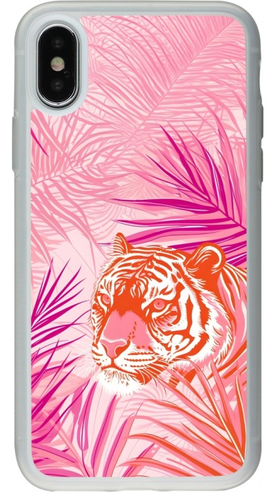 Coque iPhone X / Xs - Silicone rigide transparent Tigre palmiers roses