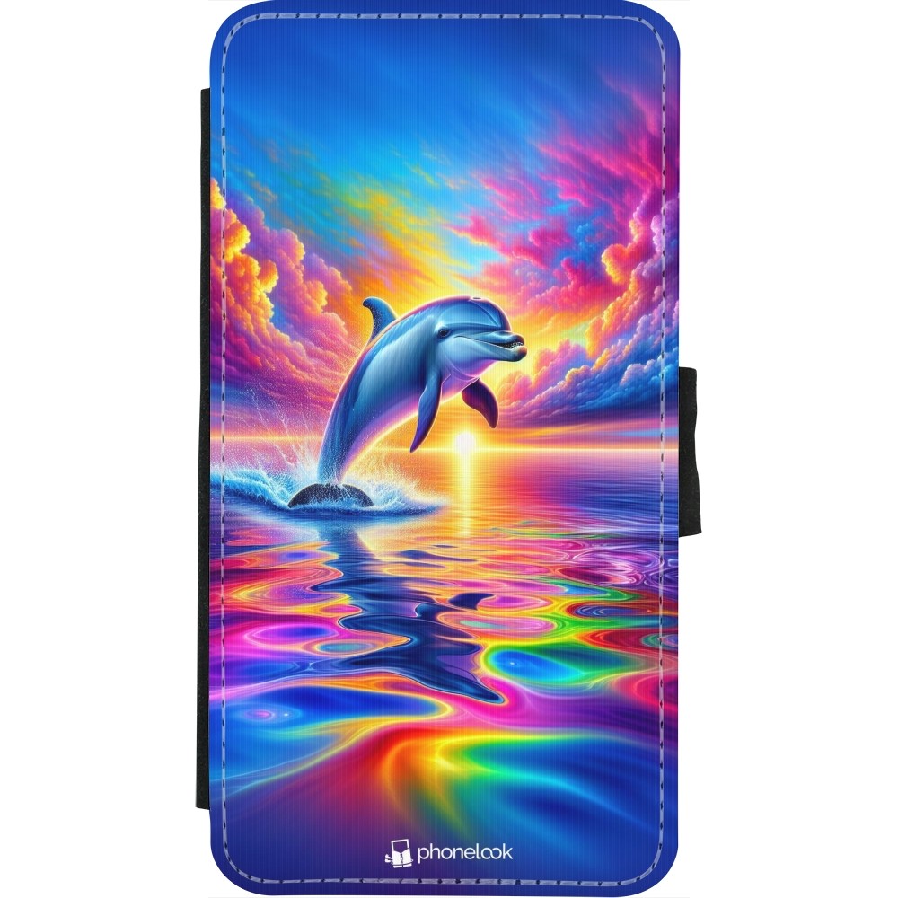 iPhone X / Xs Case Hülle - Wallet schwarz Glücklicher Regenbogen-Delfin