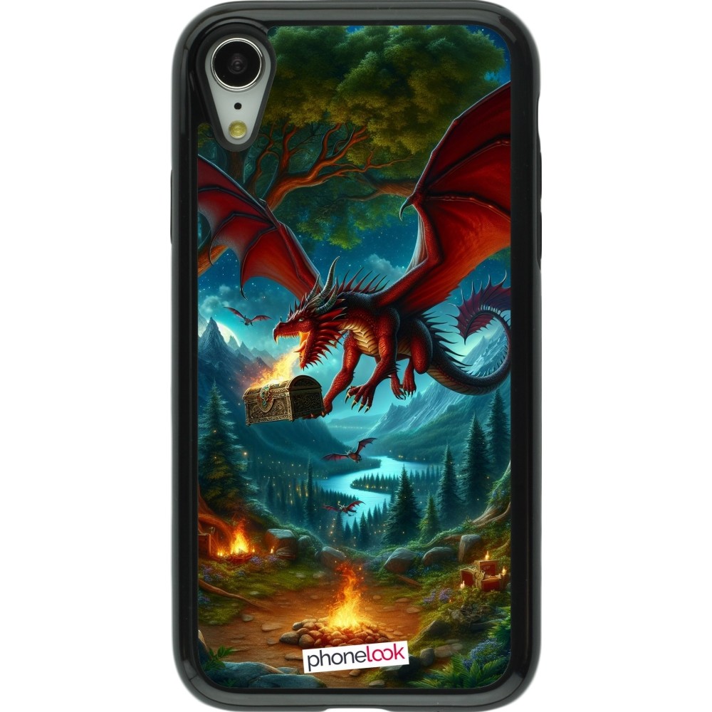 iPhone XR Case Hülle - Hybrid Armor schwarz Drache Fliegend Wald Schatz