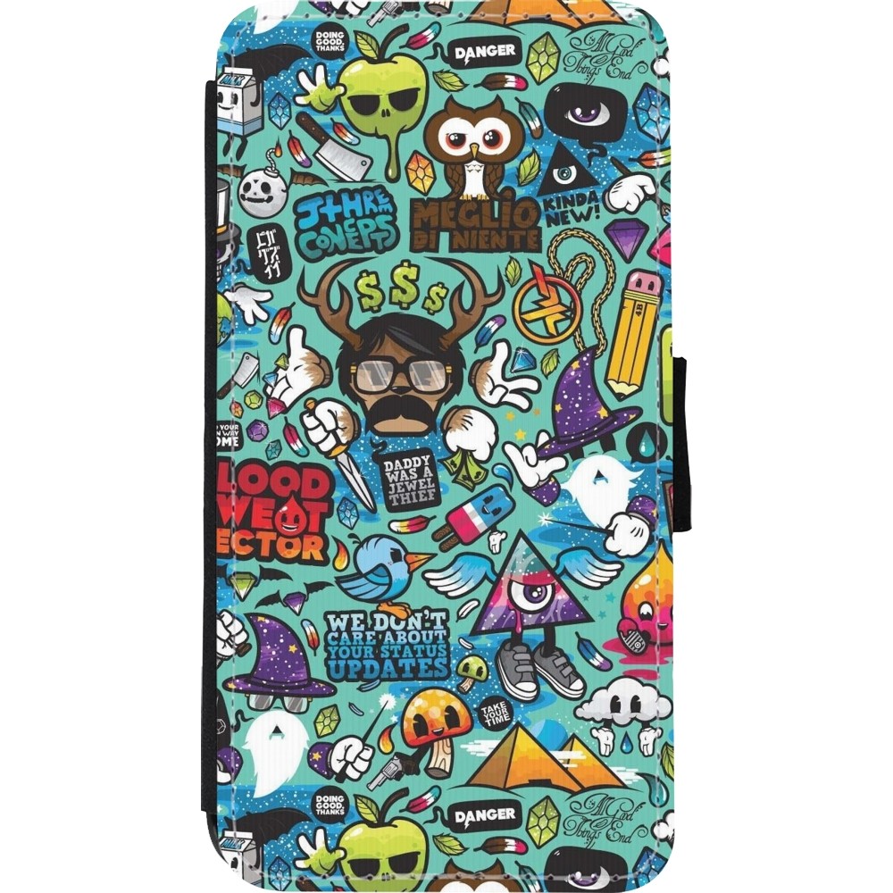 iPhone Xs Max Case Hülle - Wallet schwarz Mixed Cartoons Turquoise