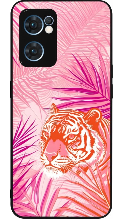 OPPO Reno7 5G Case Hülle - Silikon schwarz Tiger Palmen rosa