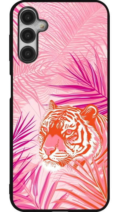 Coque Samsung Galaxy A14 5G - Silicone rigide noir Tigre palmiers roses