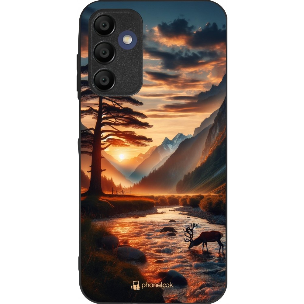 Samsung Galaxy A15 Case Hülle - Silikon schwarz Tal Sonnenuntergang Hirsch Baum