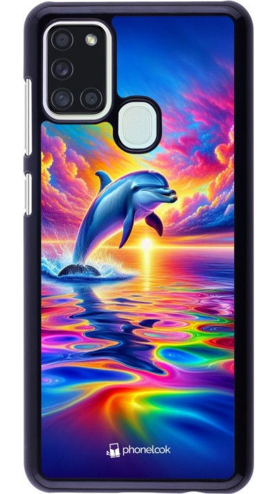 Samsung Galaxy A21s Case Hülle - Glücklicher Regenbogen-Delfin