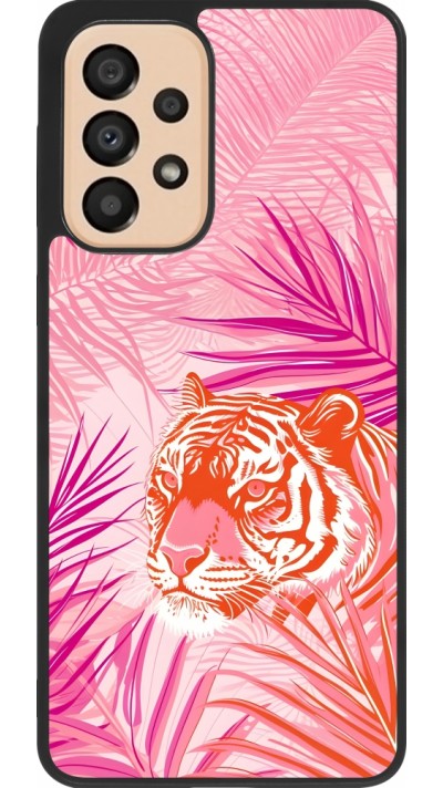 Coque Samsung Galaxy A33 5G - Silicone rigide noir Tigre palmiers roses